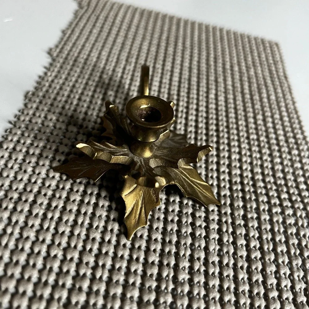 Vintage Brass Holly Leaf Taper Candle Holder Finger Loop Christmas Decor India